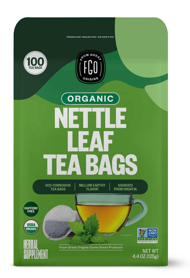 FGO Organic Nettle Leaf Tea, 100 Count, Eco-Conscious Tea Bags, Caffeine Free, Resealable Bag, Packaging May Vary (Pack of 1) - Image 1